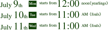 July 9th(Mon)starts from 12:00 noon,July 10th(Tue)starts from 11:00AM,July 11th(Wed)starts from 11:00AM.